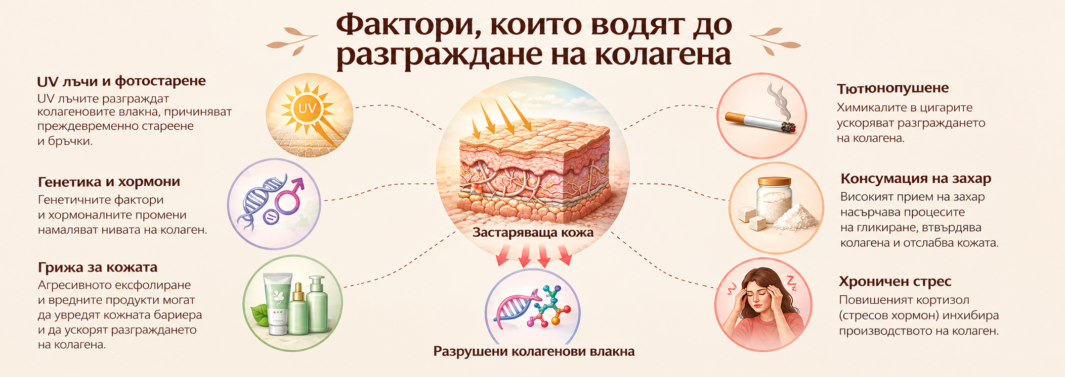 Фактори, които водят до разграждане на колагена – UV лъчи, тютюнопушене, захар, хроничен стрес и неправилна грижа за кожата.